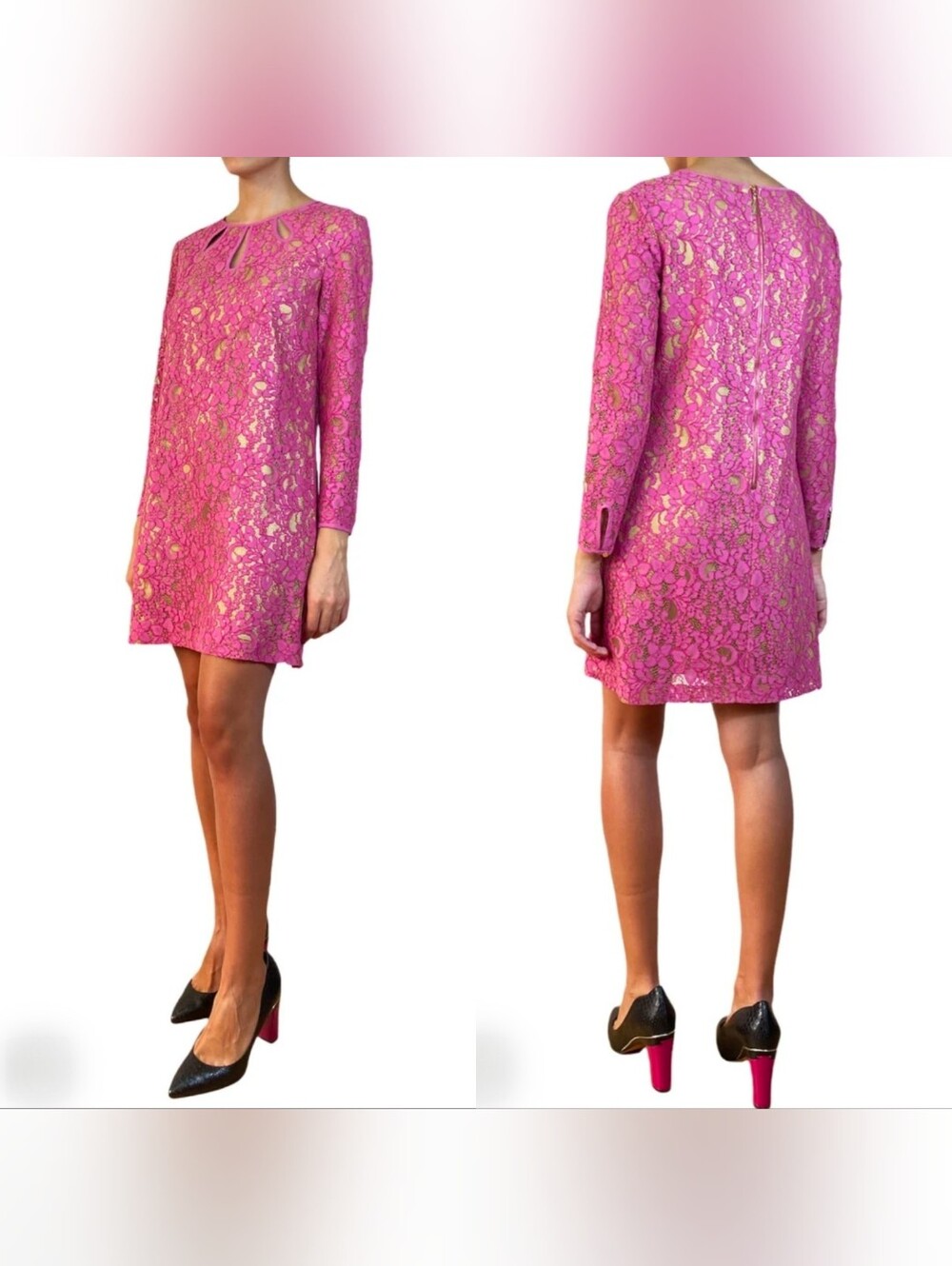 $328 NWT Juicy Couture Contrast Double Layered Lace Mini Dress Pink Gold Sz 8